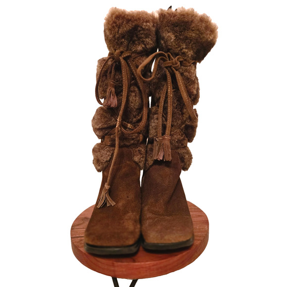Sonoma Brown Suede Tall booths with Ties Faux Fur Size 6 Boho - Picture 2 of 9